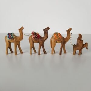 Vintage Donkey Camel Caravan Train Figurines Hand Carved Olive Wood Jerusalem